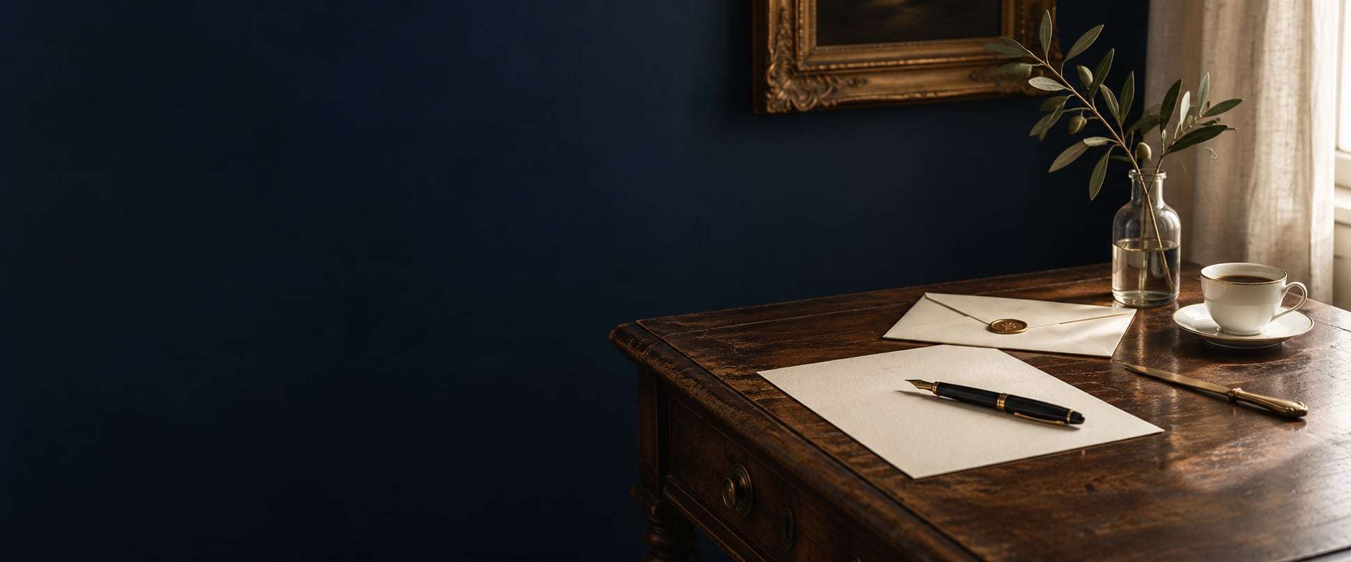 An old writing desk with a letter, a fountain pen, a sealed envelope and a cup of coffee