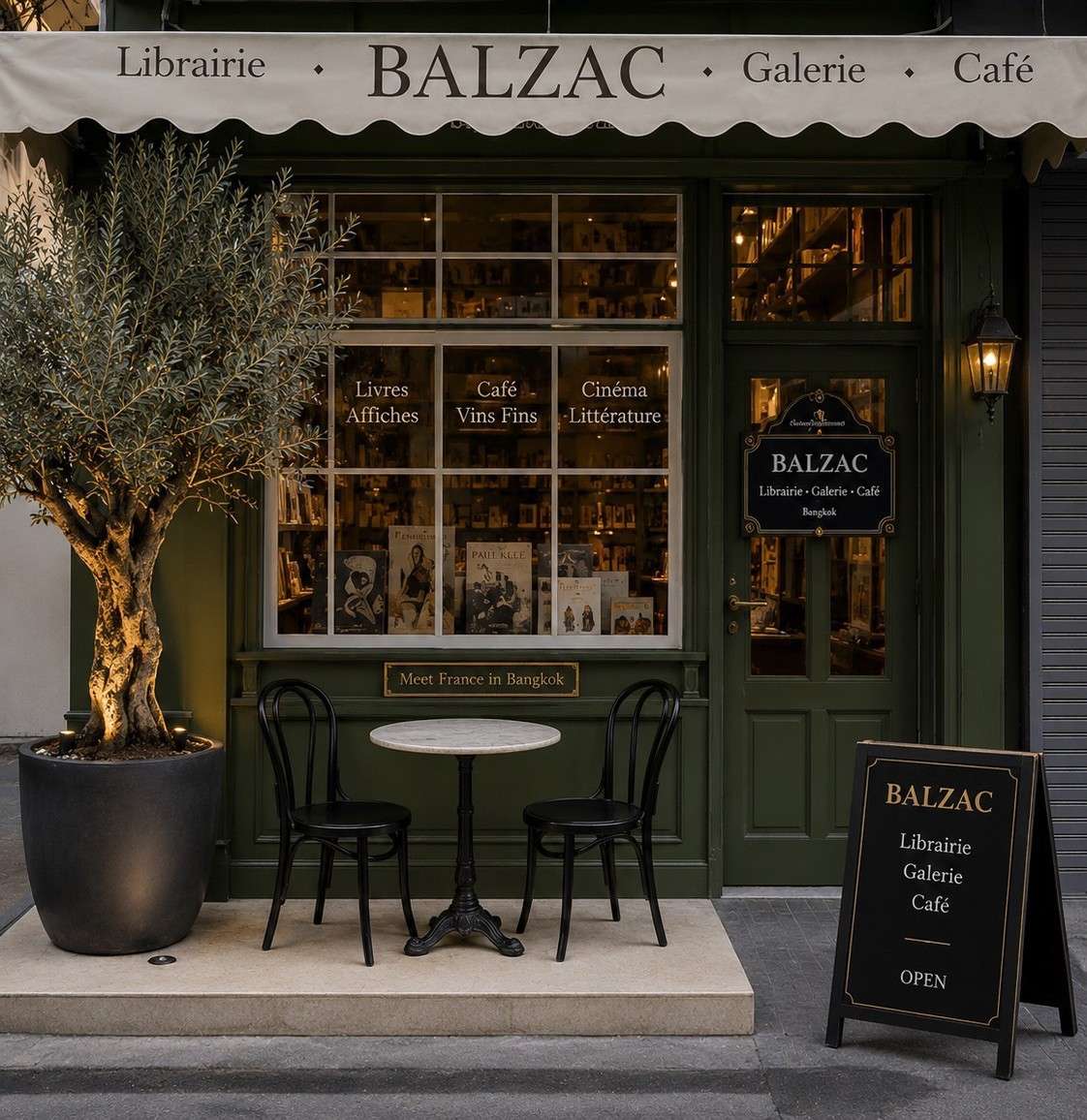 The Balzac bookshop, gallery and café storefront with its terrace