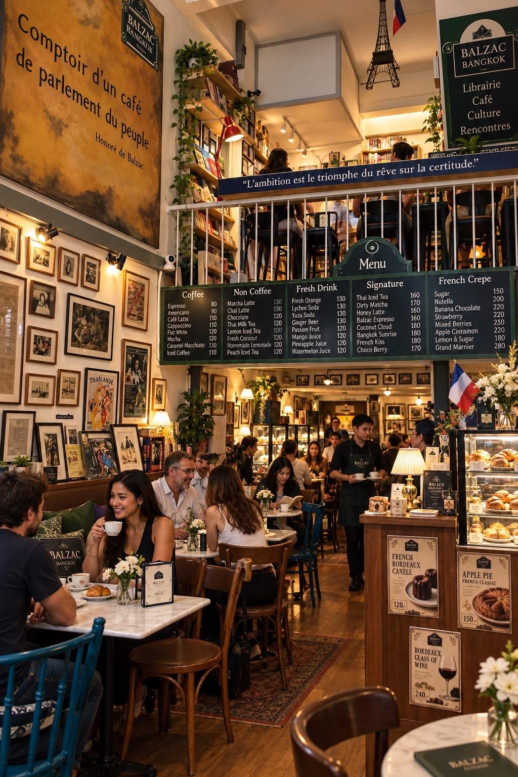Inside Balzac Café: guests at their tables, the drinks board and a pastry counter