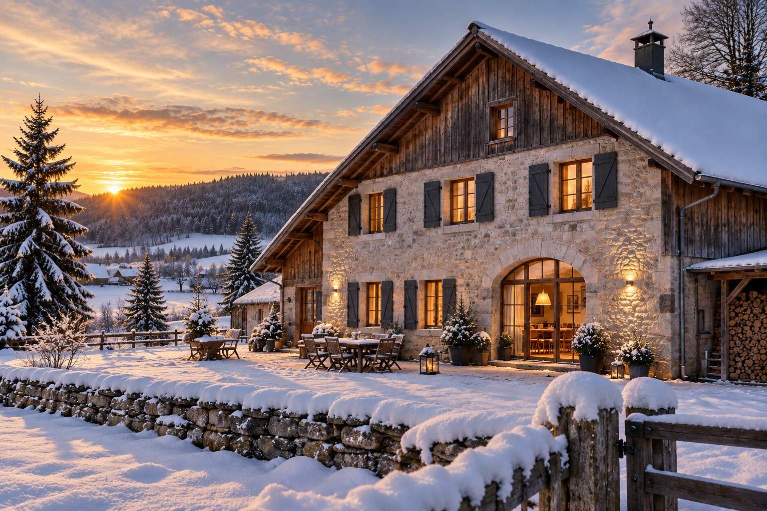 A stone farmhouse of character in the snow, its windows lit at sunset