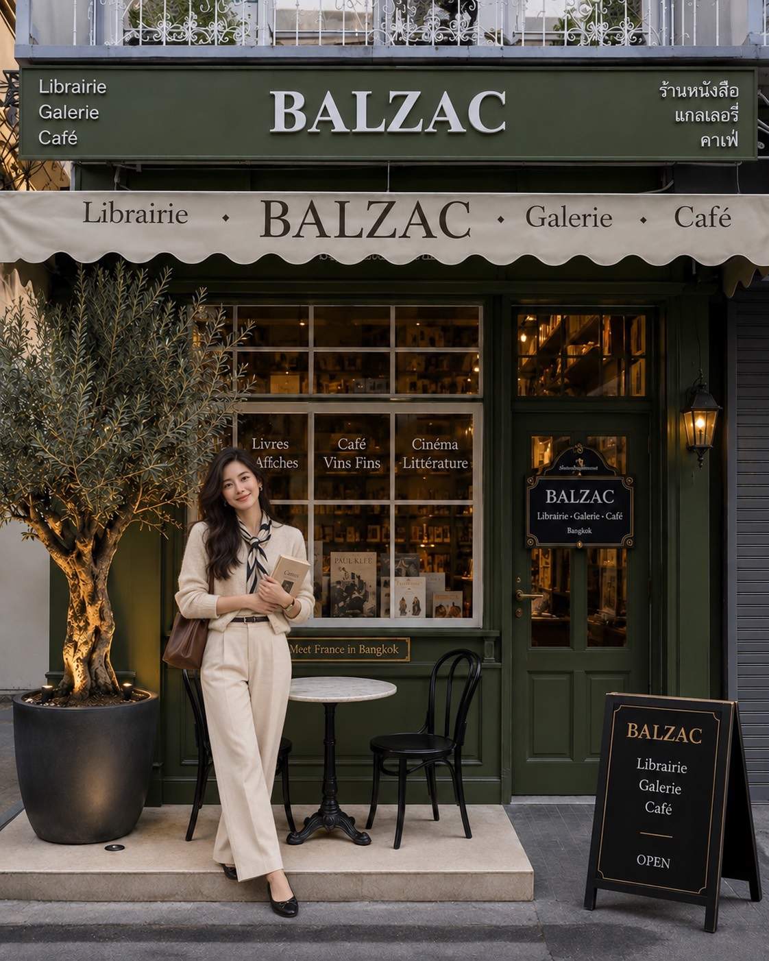 Someone holding a book outside the Balzac Café storefront and its terrace