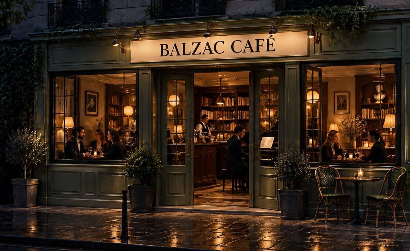 The Balzac Café storefront in the evening, its tables lit behind the windows